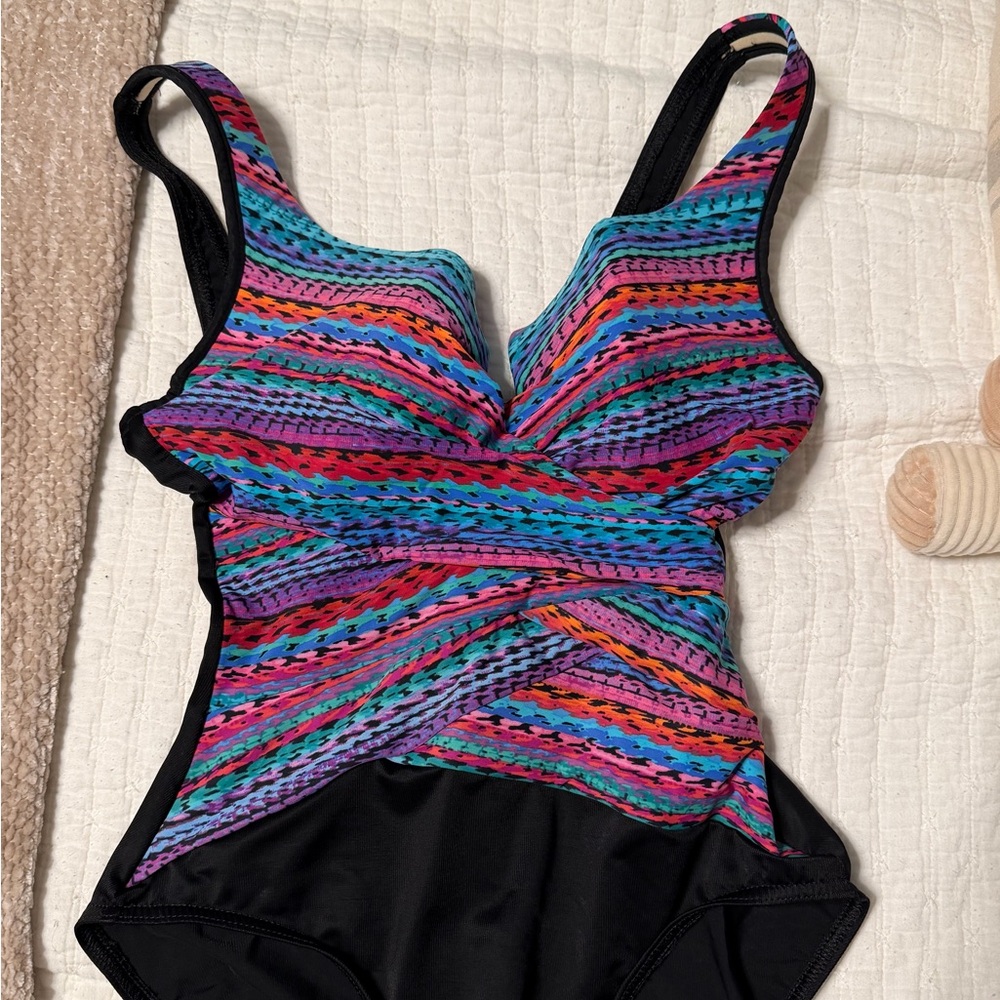Miraclesuit Bright Multicolor Striped One-Piece Swimsuit with Black Panels